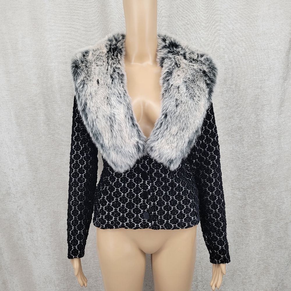 Cache Vintage Black Velvet and Gray Faux Fur Women's Carigan Sweater - Picture 2 of 13